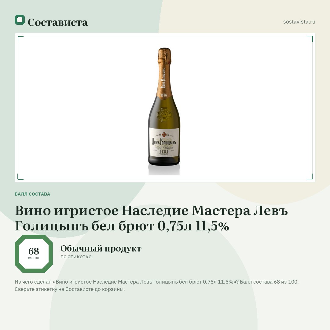 Вино игристое Наследие Мастера Левъ Голицынъ бел брют 0,75л 11,5%: балл состава 68 из 100 — Состависта