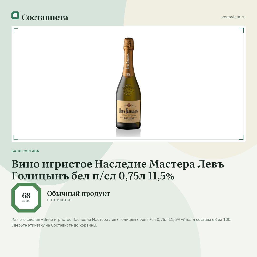 Вино игристое Наследие Мастера Левъ Голицынъ бел п/сл 0,75л 11,5%: балл состава 68 из 100 — Состависта