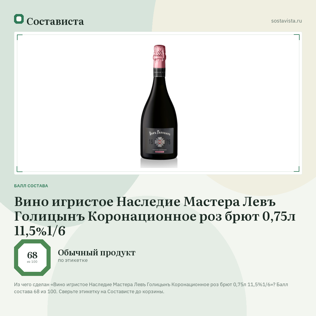 Вино игристое Наследие Мастера Левъ Голицынъ Коронационное роз брют 0,75л 11,5%1/6: балл состава 68 из 100 — Состависта