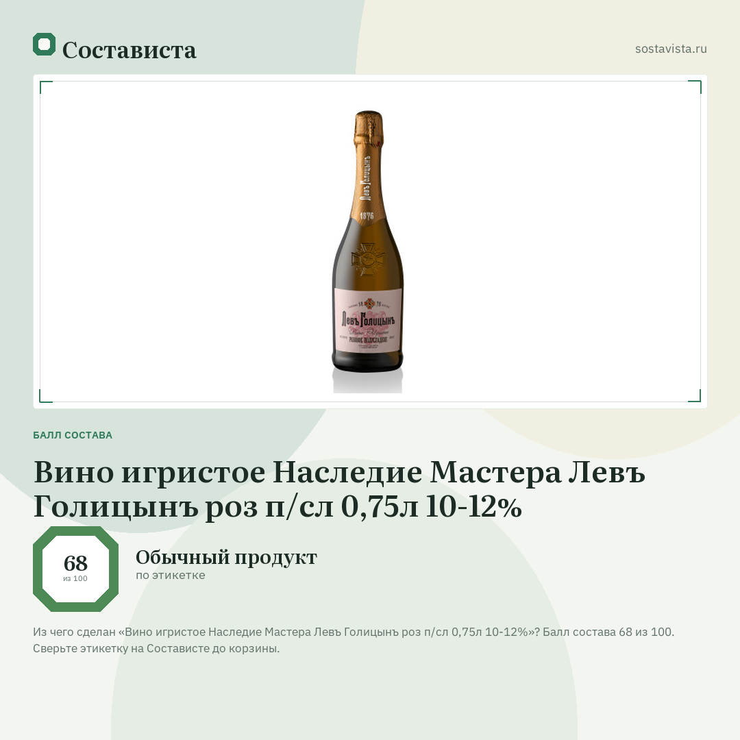 Вино игристое Наследие Мастера Левъ Голицынъ роз п/сл 0,75л 10-12%: балл состава 68 из 100 — Состависта