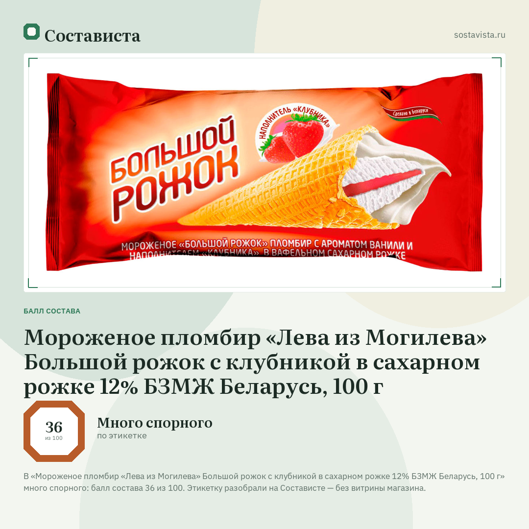 Мороженое пломбир «Лева из Могилева» Большой рожок с клубникой в сахарном рожке 12% БЗМЖ Беларусь, 100 г: балл состава 36 из 100 — Состависта