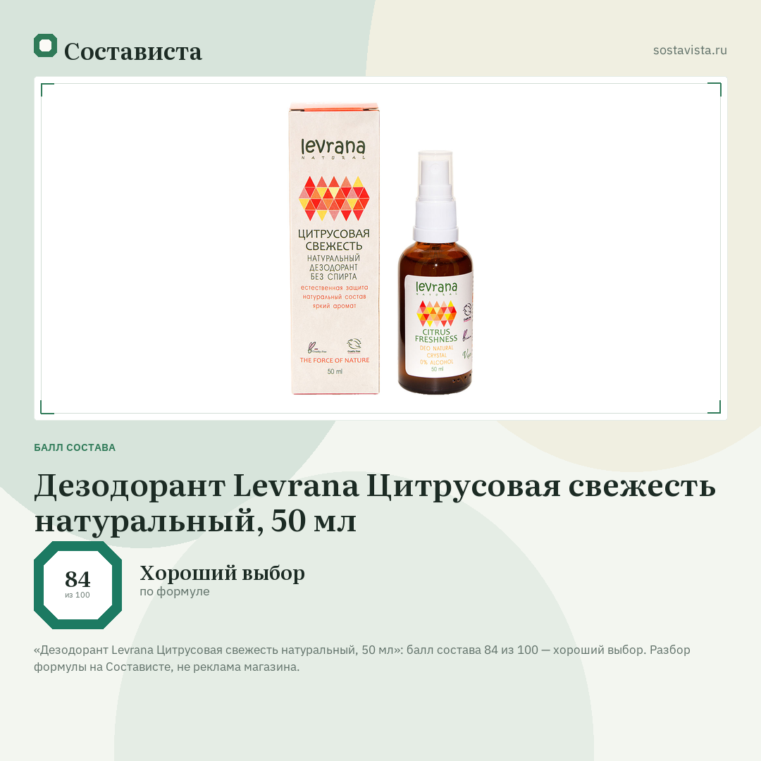 Дезодорант Levrana Цитрусовая свежесть натуральный, 50 мл: балл состава 84 из 100 — Состависта
