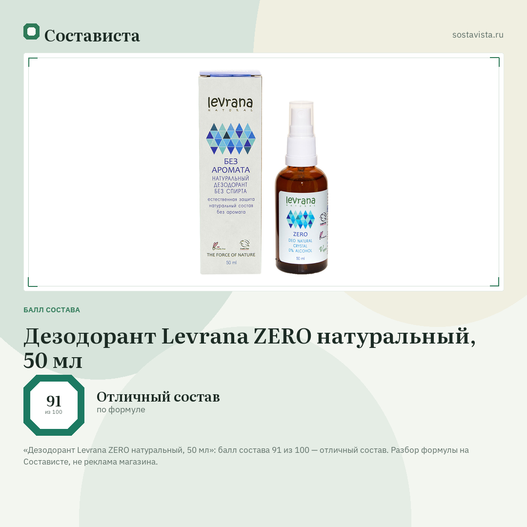Дезодорант Levrana ZERO натуральный, 50 мл: балл состава 91 из 100 — Состависта