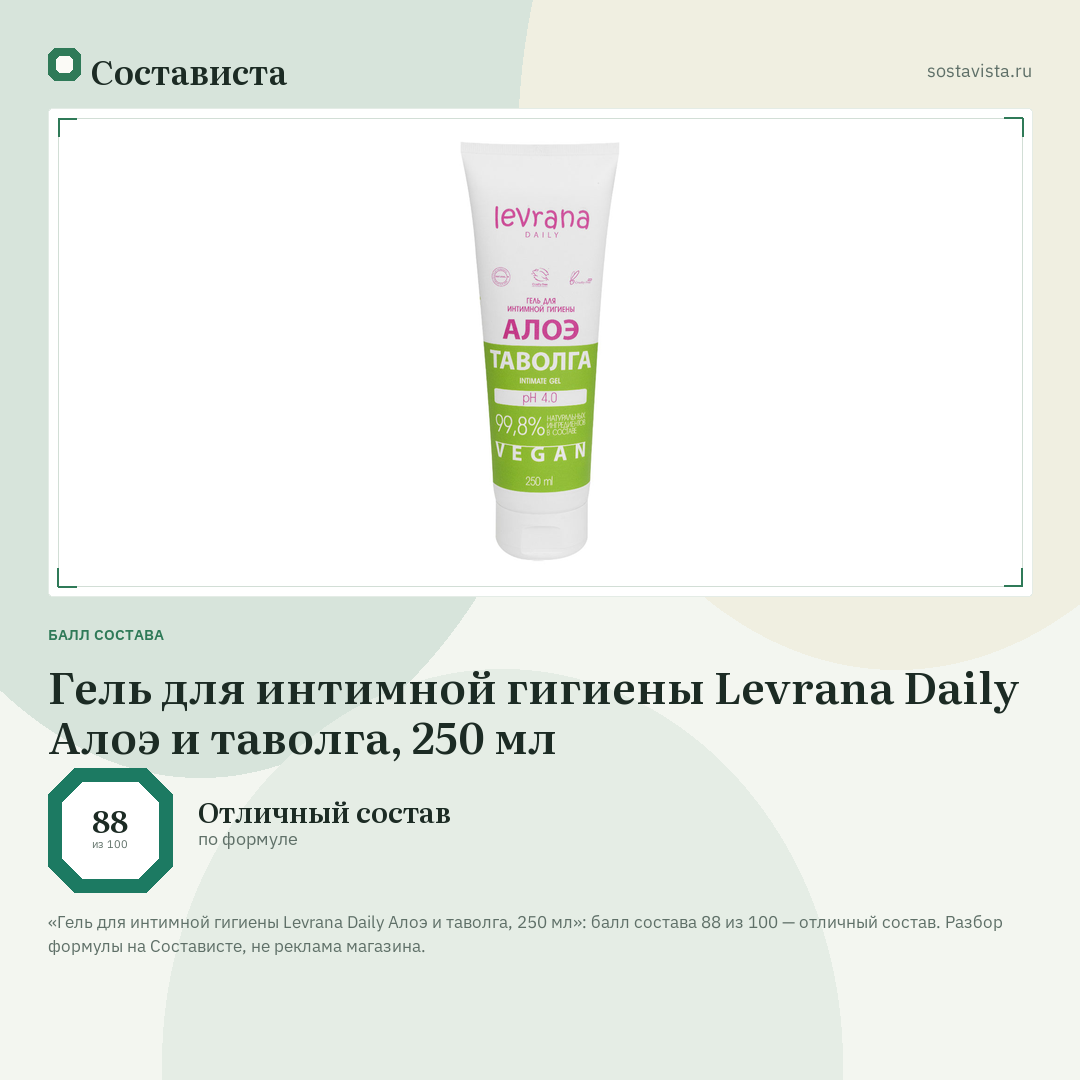 Гель для интимной гигиены Levrana Daily Алоэ и таволга, 250 мл: балл состава 88 из 100 — Состависта