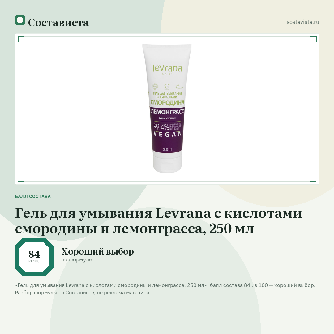Гель для умывания Levrana с кислотами смородины и лемонграсса, 250 мл: балл состава 84 из 100 — Состависта