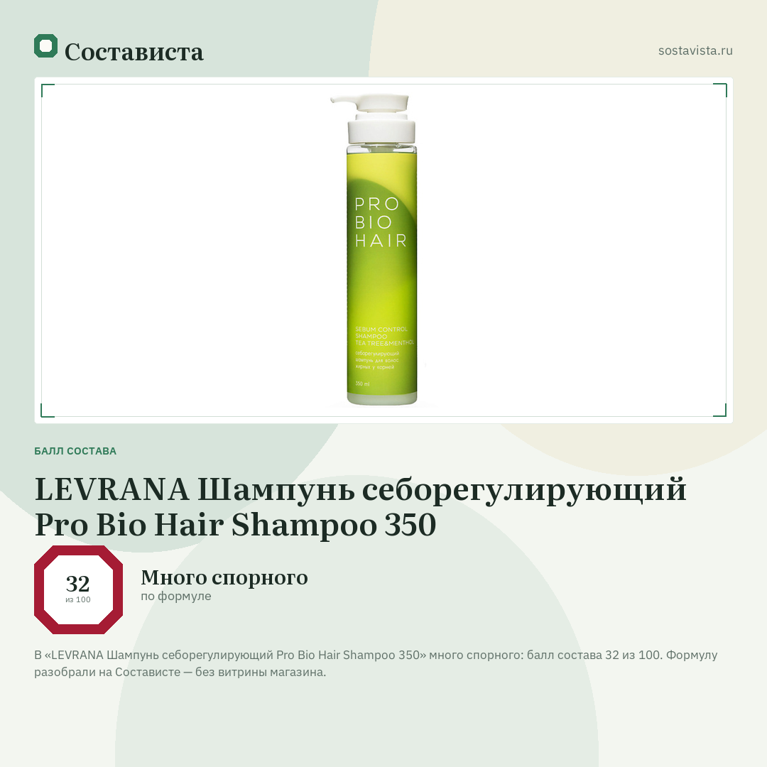 LEVRANA Шампунь себорегулирующий Pro Bio Hair Shampoo 350: балл состава 32 из 100 — Состависта