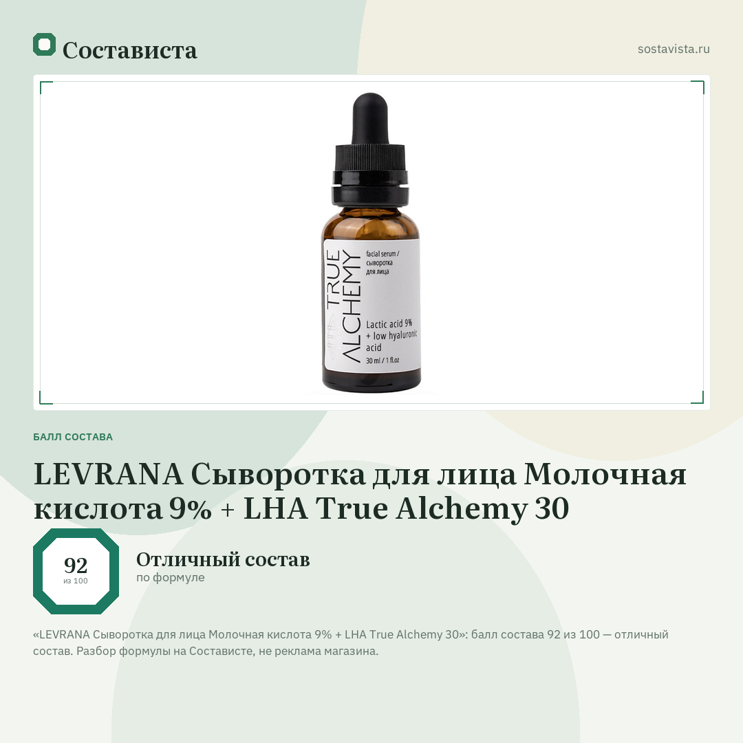 LEVRANA Сыворотка для лица Молочная кислота 9% + LHA True Alchemy 30: балл состава 92 из 100 — Состависта
