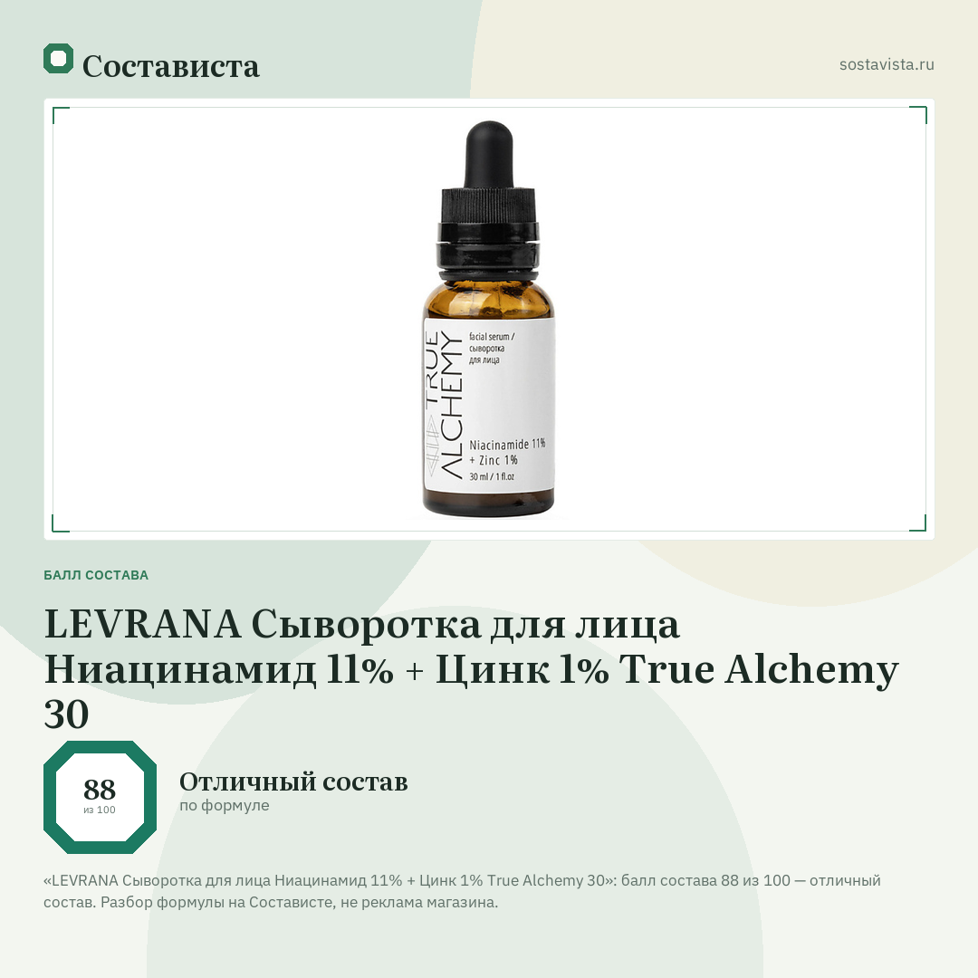 LEVRANA Сыворотка для лица Ниацинамид 11% + Цинк 1% True Alchemy 30: балл состава 88 из 100 — Состависта