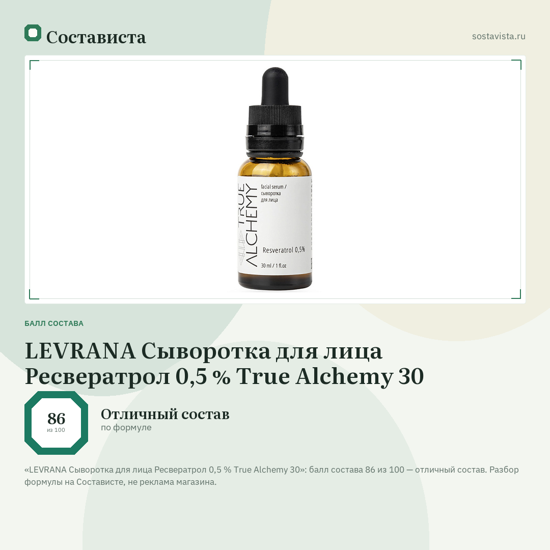 LEVRANA Сыворотка для лица Ресвератрол 0,5 % True Alchemy 30: балл состава 86 из 100 — Состависта