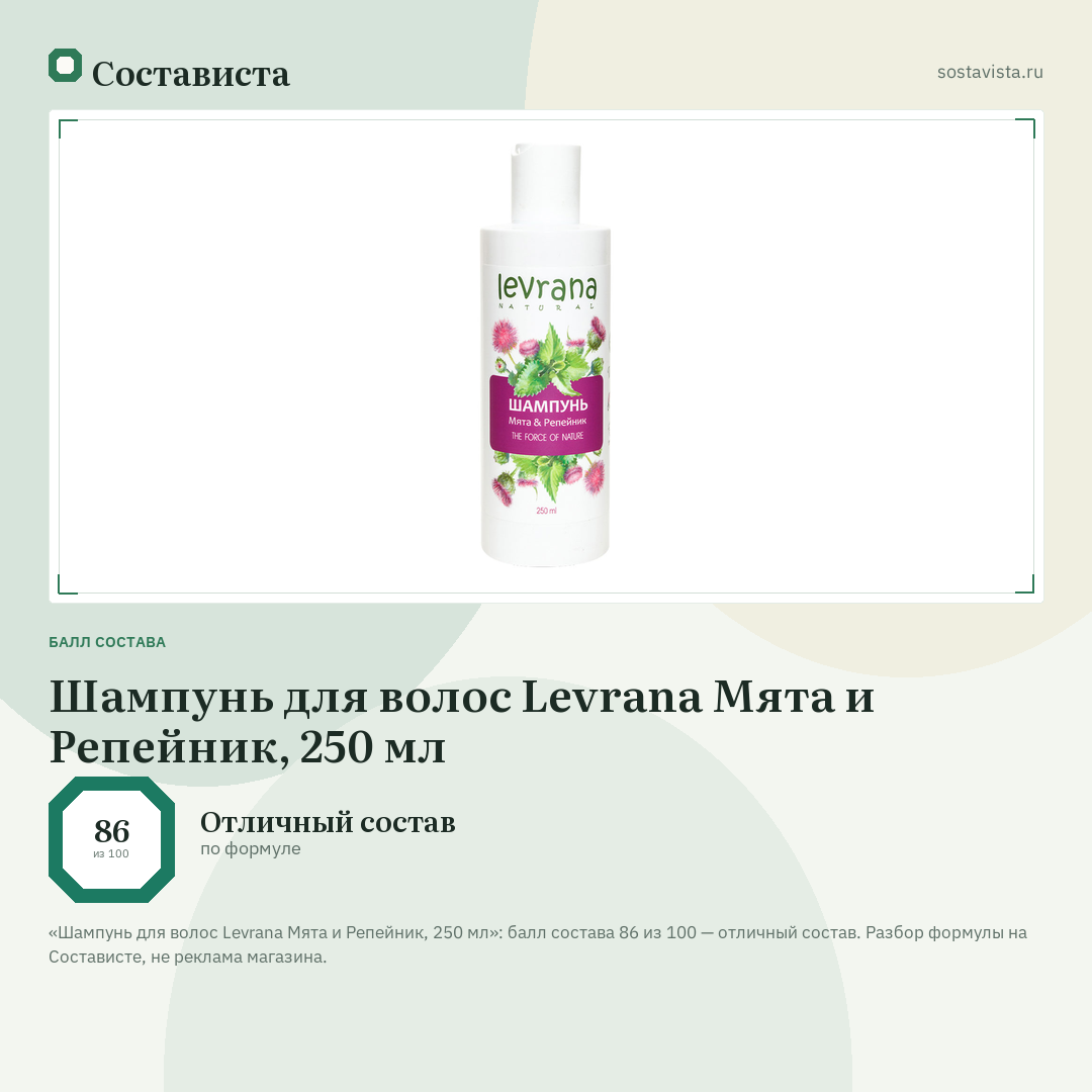 Шампунь для волос Levrana Мята и Репейник, 250 мл: балл состава 86 из 100 — Состависта