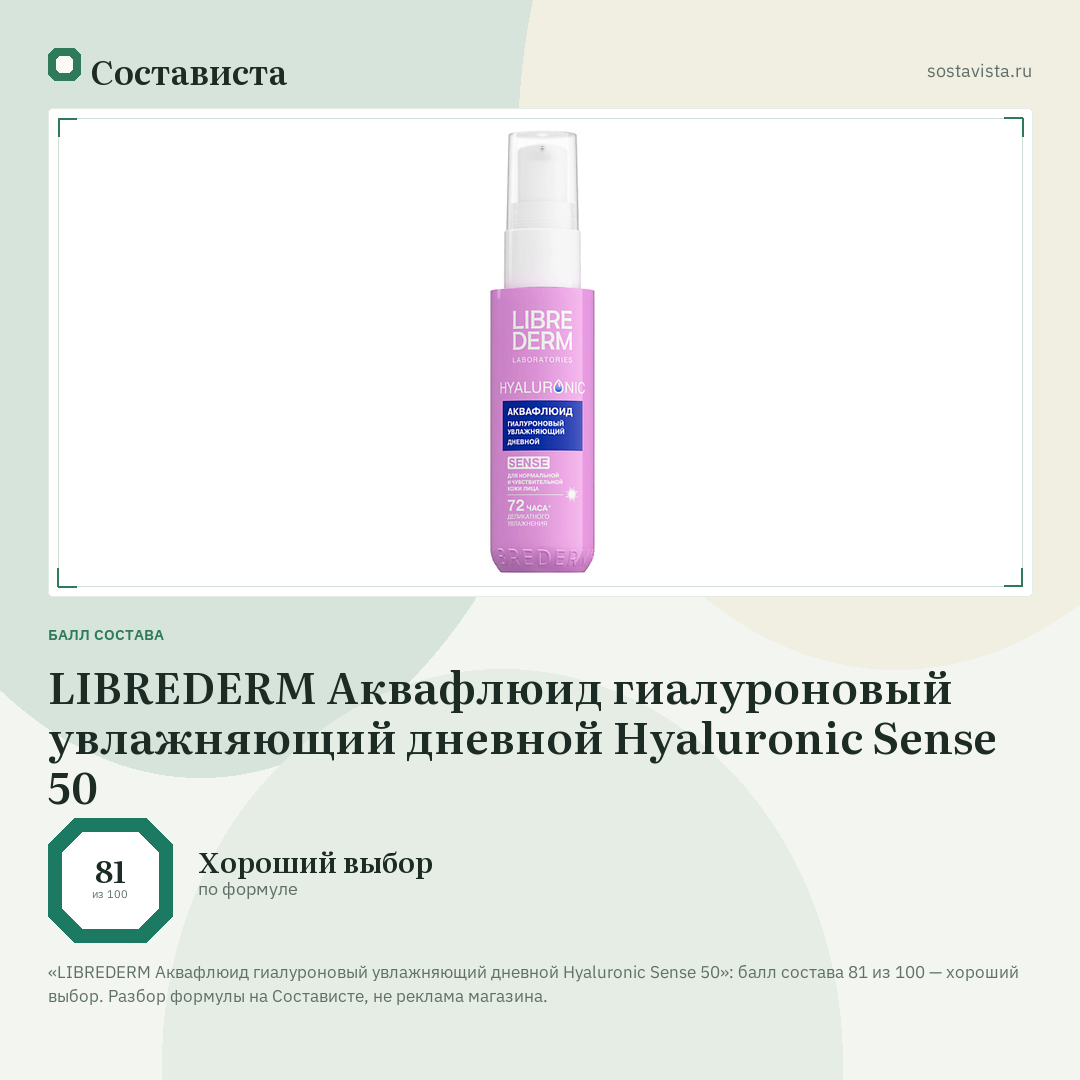 LIBREDERM Аквафлюид гиалуроновый увлажняющий дневной Hyaluronic Sense 50: балл состава 81 из 100 — Состависта