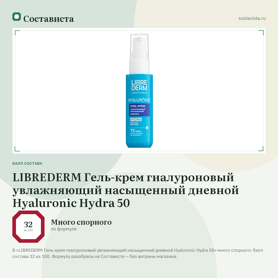 LIBREDERM Гель-крем гиалуроновый увлажняющий насыщенный дневной Hyaluronic Hydra 50: балл состава 32 из 100 — Состависта