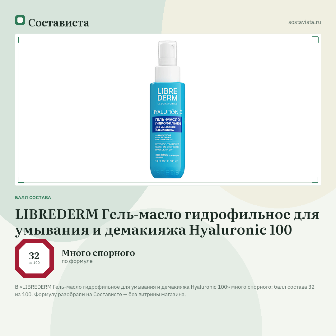 LIBREDERM Гель-масло гидрофильное для умывания и демакияжа Hyaluronic 100: балл состава 32 из 100 — Состависта