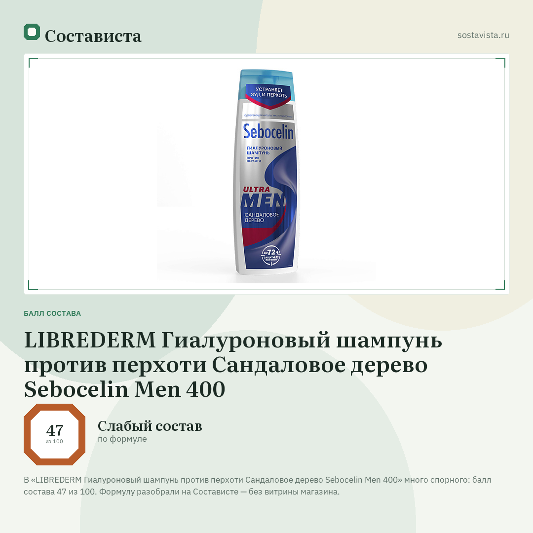 LIBREDERM Гиалуроновый шампунь против перхоти Сандаловое дерево Sebocelin Men 400: балл состава 47 из 100 — Состависта