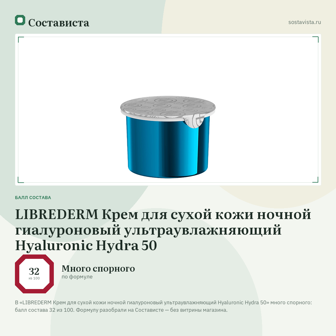 LIBREDERM Крем для сухой кожи ночной гиалуроновый ультраувлажняющий Hyaluronic Hydra 50: балл состава 32 из 100 — Состависта