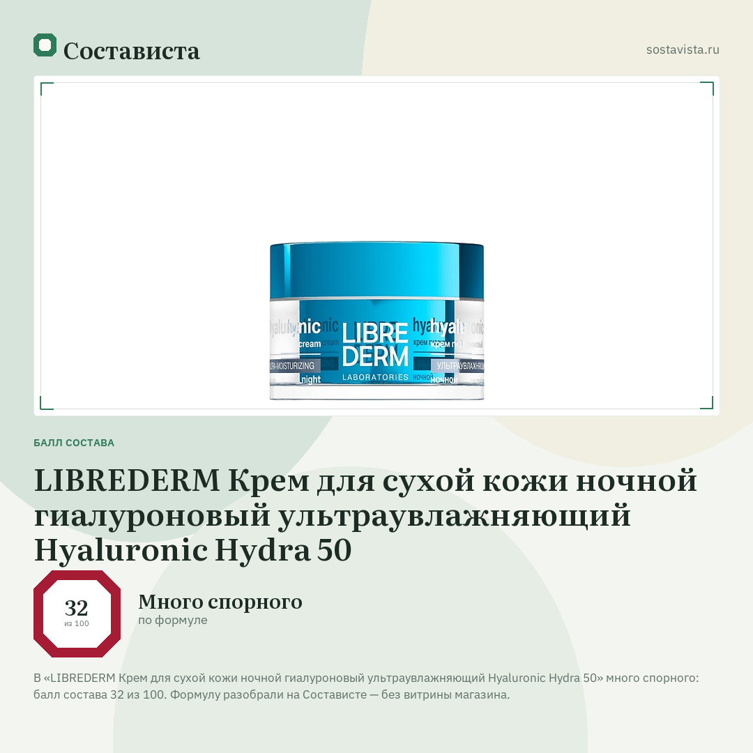 LIBREDERM Крем для сухой кожи ночной гиалуроновый ультраувлажняющий Hyaluronic Hydra 50: балл состава 32 из 100 — Состависта