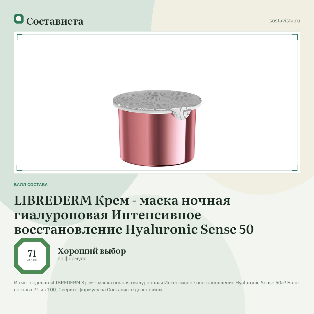 LIBREDERM Крем - маска ночная гиалуроновая Интенсивное восстановление Hyaluronic Sense 50: балл состава 71 из 100 — Состависта