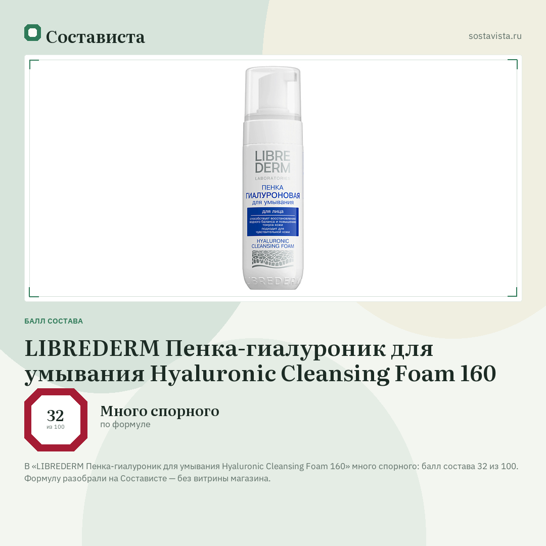 LIBREDERM Пенка-гиалуроник для умывания Hyaluronic Cleansing Foam 160: балл состава 32 из 100 — Состависта
