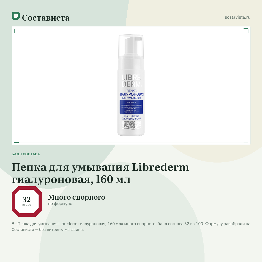 Пенка для умывания Librederm гиалуроновая, 160 мл: балл состава 32 из 100 — Состависта