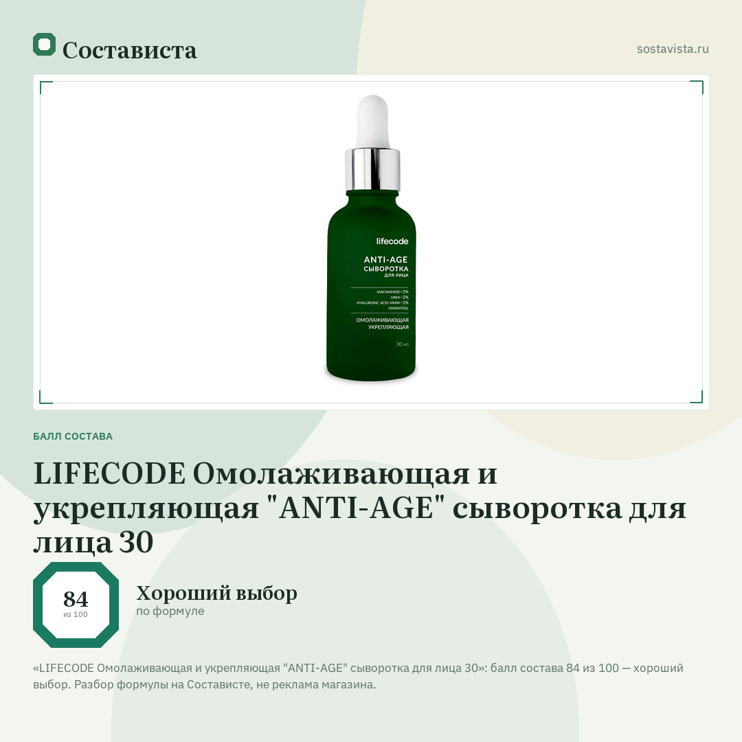 LIFECODE Омолаживающая и укрепляющая "ANTI-AGE" сыворотка для лица 30: балл состава 84 из 100 — Состависта