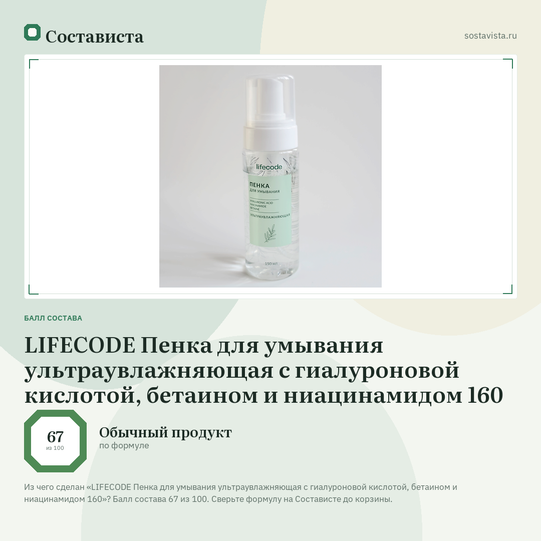 LIFECODE Пенка для умывания ультраувлажняющая с гиалуроновой кислотой, бетаином и ниацинамидом 160: балл состава 67 из 100 — Состависта
