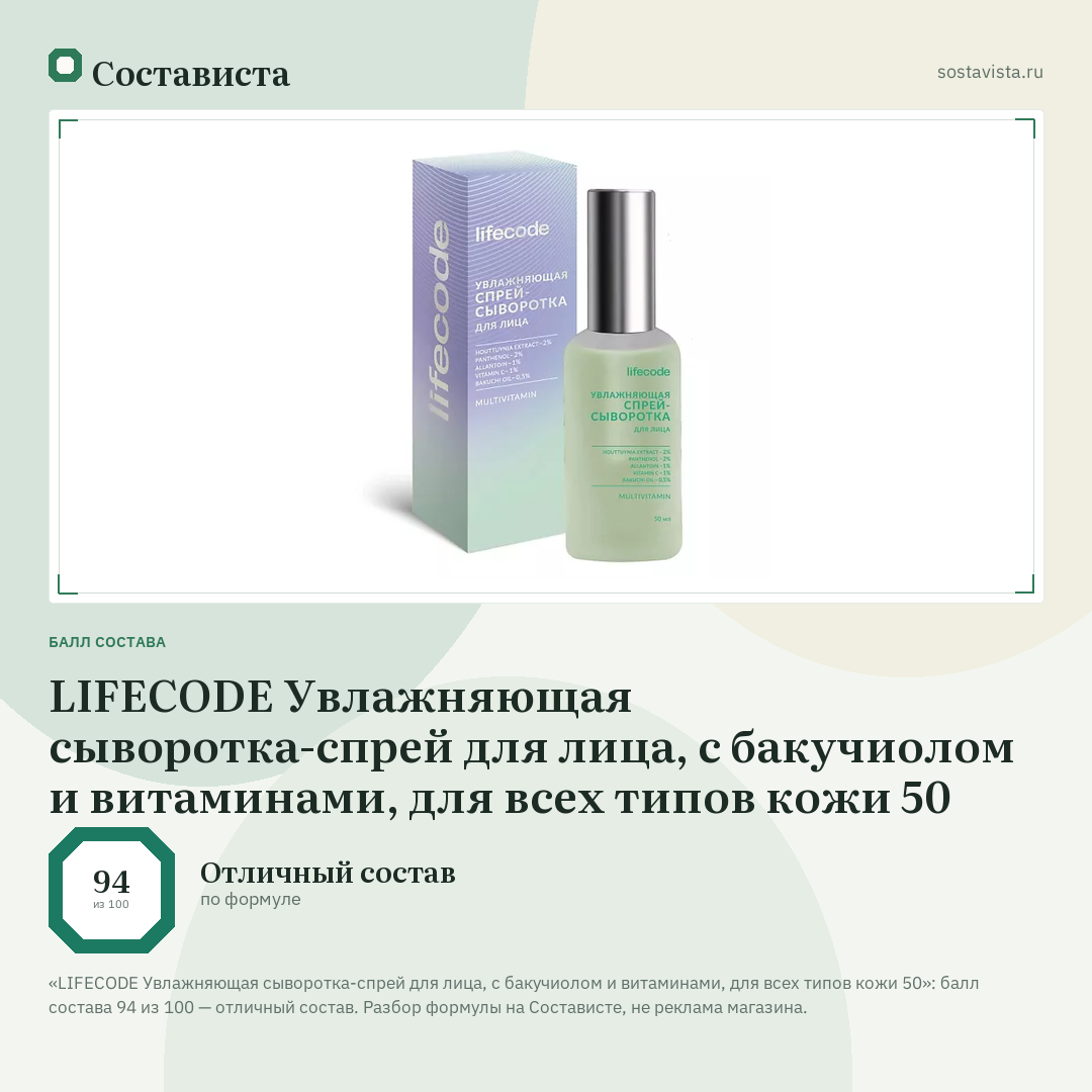 LIFECODE Увлажняющая сыворотка-спрей для лица, с бакучиолом и витаминами, для всех типов кожи 50: балл состава 94 из 100 — Состависта