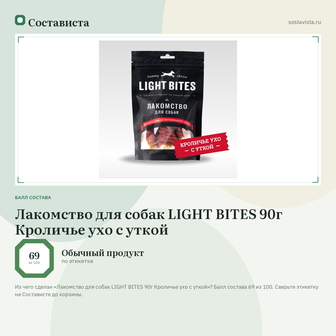 Лакомство для собак LIGHT BITES 90г Кроличье ухо с уткой: балл состава 69 из 100 — Состависта