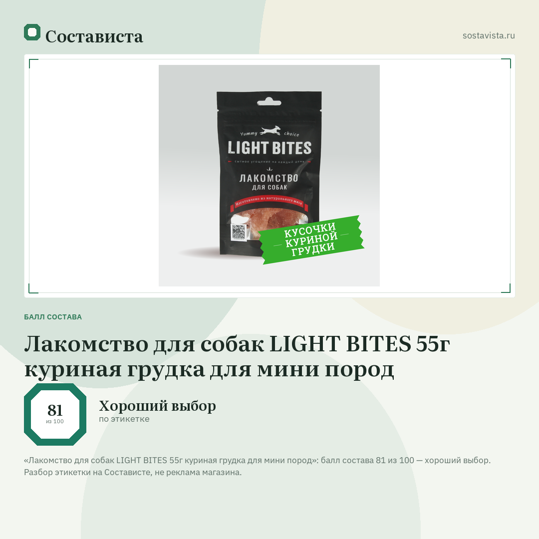 Лакомство для собак LIGHT BITES 55г куриная грудка для мини пород: балл состава 81 из 100 — Состависта