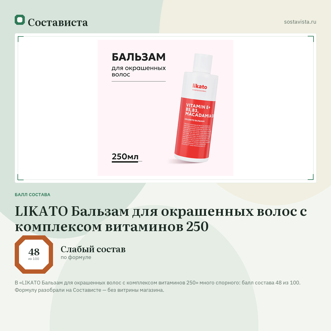 LIKATO Бальзам для окрашенных волос с комплексом витаминов 250: балл состава 48 из 100 — Состависта