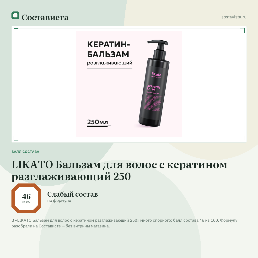LIKATO Бальзам для волос с кератином разглаживающий 250: балл состава 46 из 100 — Состависта