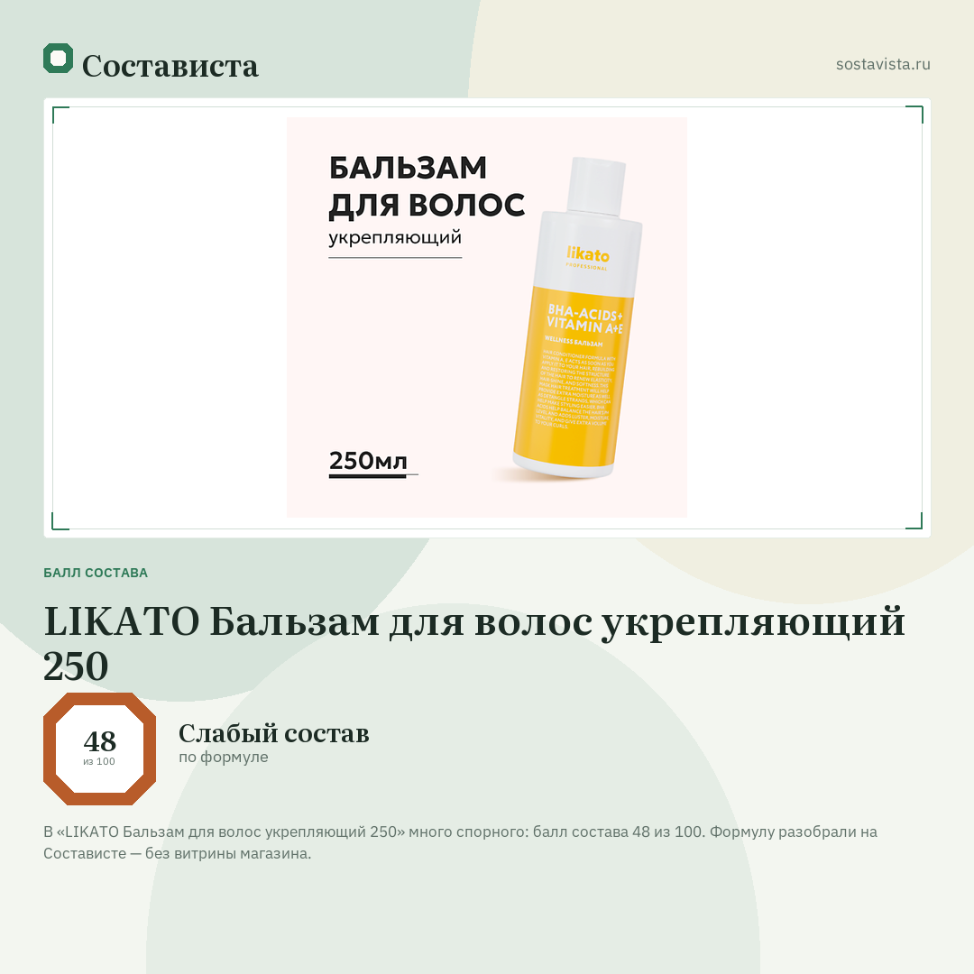 LIKATO Бальзам для волос укрепляющий 250: балл состава 48 из 100 — Состависта