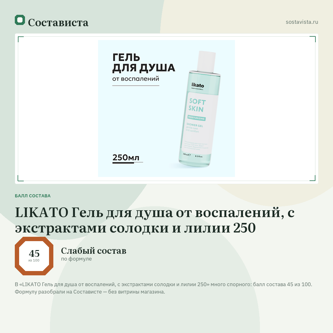 LIKATO Гель для душа от воспалений, с экстрактами солодки и лилии 250: балл состава 45 из 100 — Состависта
