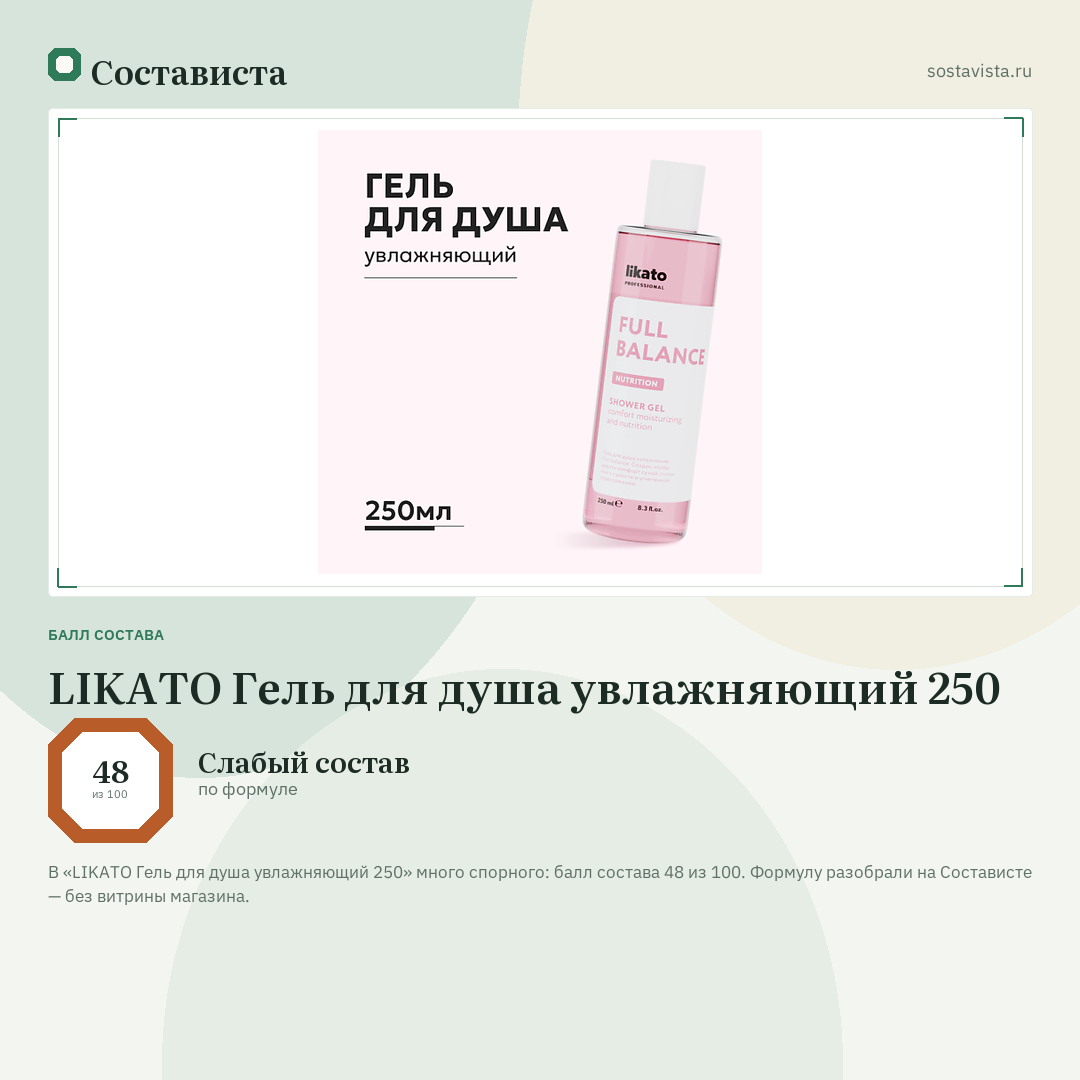 LIKATO Гель для душа увлажняющий 250: балл состава 48 из 100 — Состависта