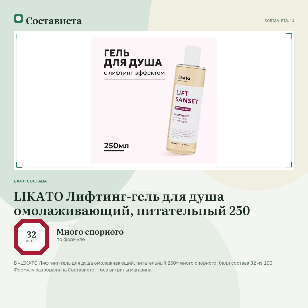 LIKATO Лифтинг-гель для душа омолаживающий, питательный 250: балл состава 32 из 100 — Состависта
