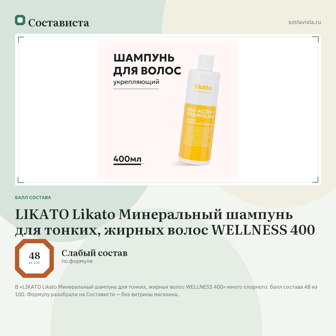 LIKATO Likato Минеральный шампунь для тонких, жирных волос WELLNESS 400: балл состава 48 из 100 — Состависта