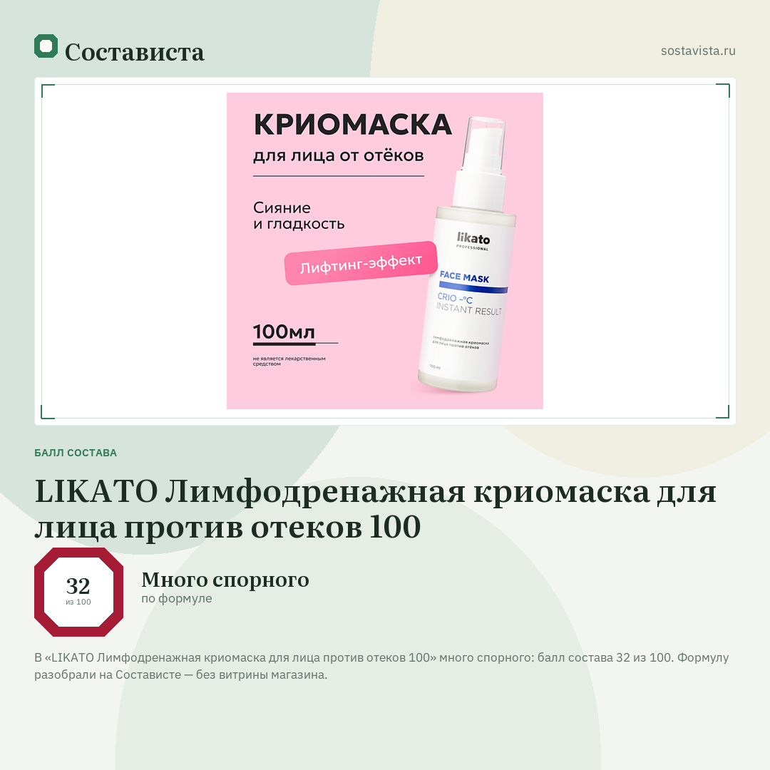 LIKATO Лимфодренажная криомаска для лица против отеков 100: балл состава 32 из 100 — Состависта