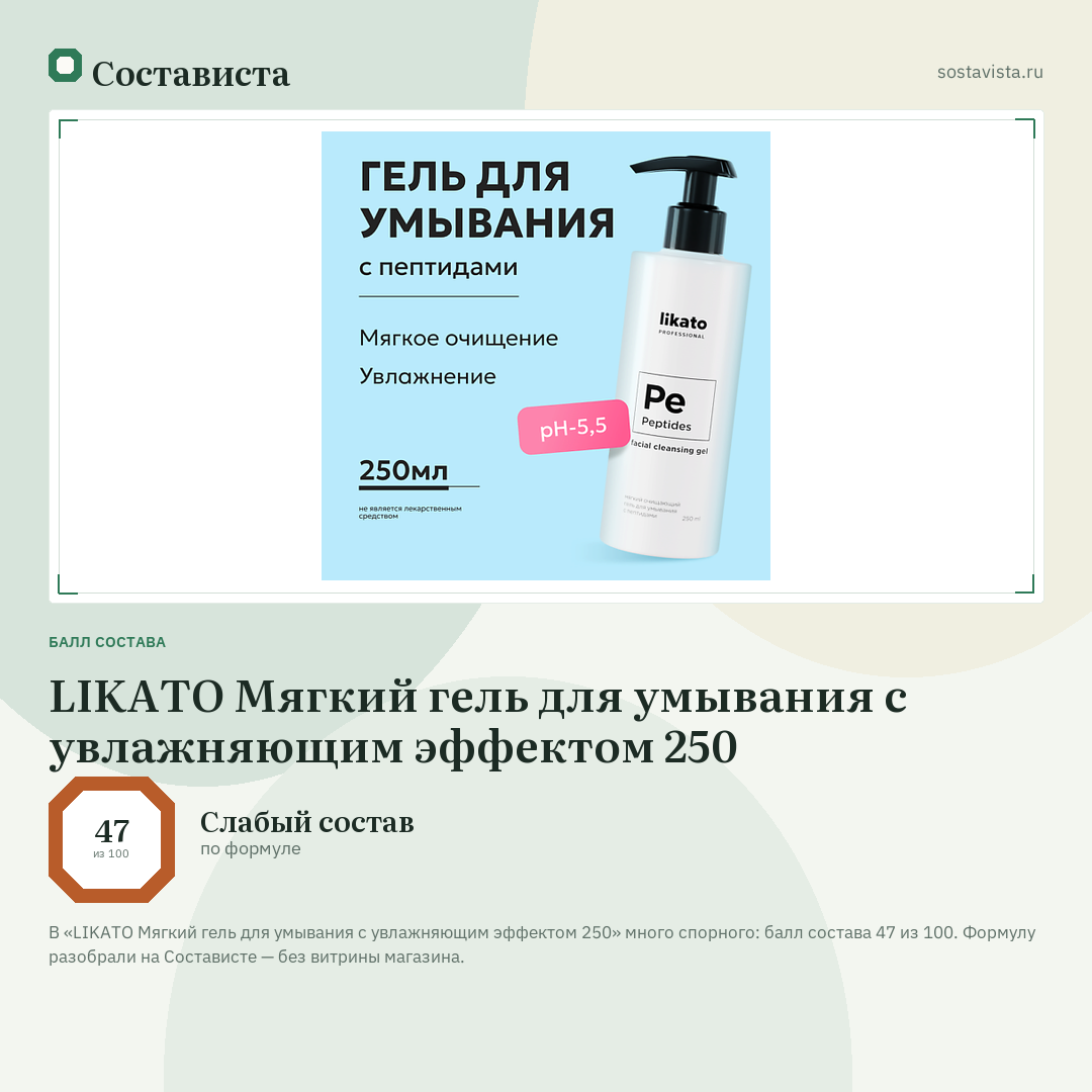 LIKATO Мягкий гель для умывания с увлажняющим эффектом 250: балл состава 47 из 100 — Состависта