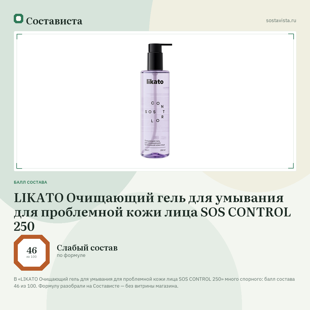LIKATO Очищающий гель для умывания для проблемной кожи лица SOS CONTROL 250: балл состава 46 из 100 — Состависта