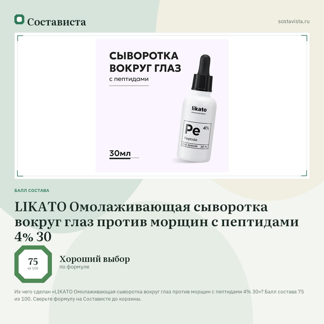 LIKATO Омолаживающая сыворотка вокруг глаз против морщин с пептидами 4% 30: балл состава 75 из 100 — Состависта