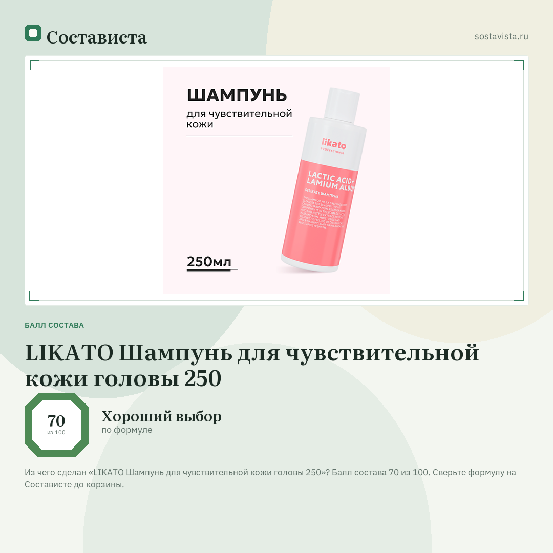 LIKATO Шампунь для чувствительной кожи головы 250: балл состава 70 из 100 — Состависта