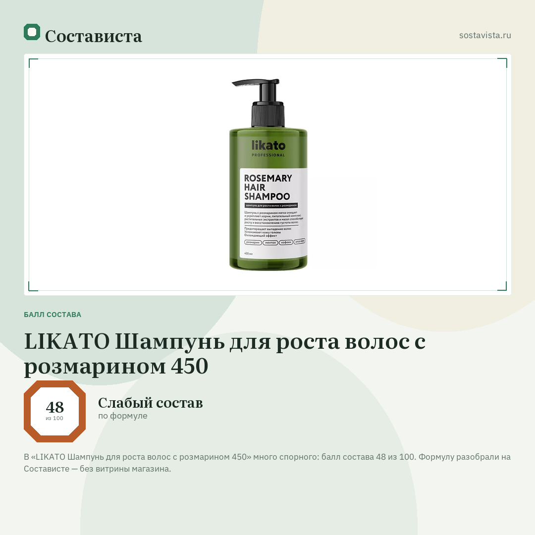 LIKATO Шампунь для роста волос с розмарином 450: балл состава 48 из 100 — Состависта
