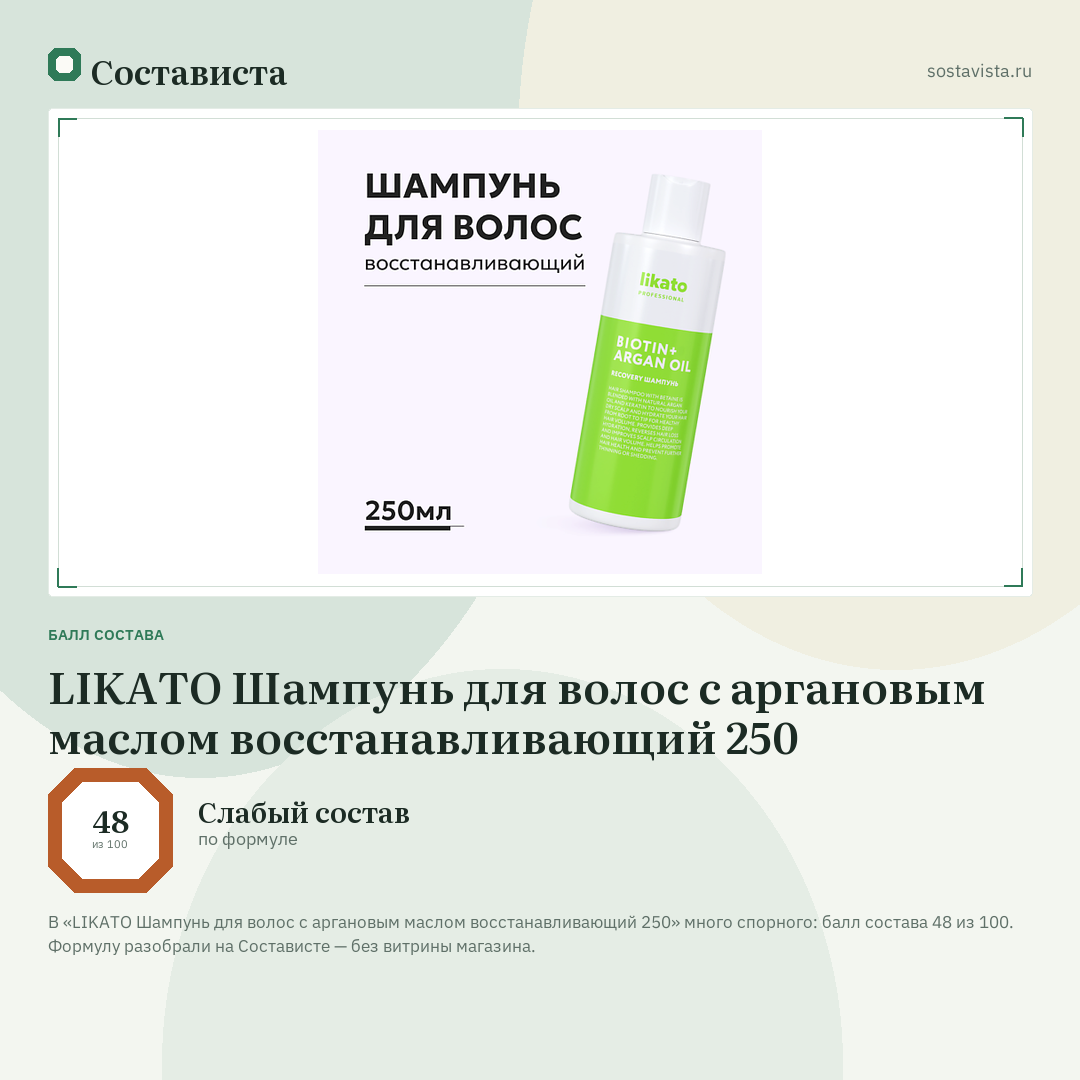 LIKATO Шампунь для волос с аргановым маслом восстанавливающий 250: балл состава 48 из 100 — Состависта