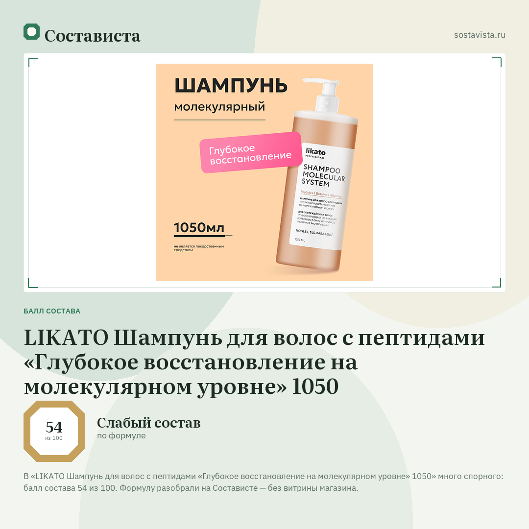 LIKATO Шампунь для волос с пептидами «Глубокое восстановление на молекулярном уровне» 1050: балл состава 54 из 100 — Состависта