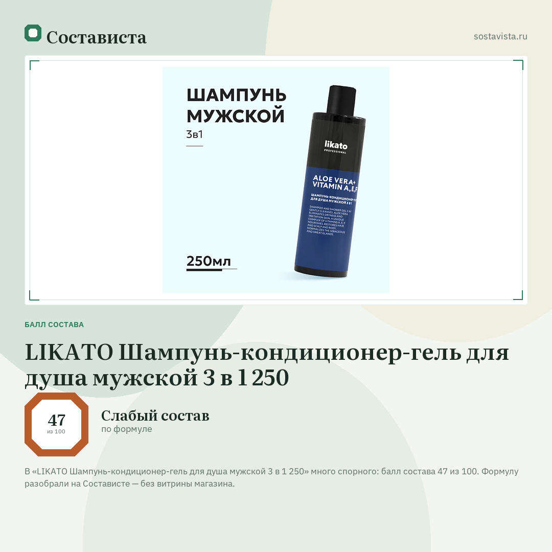LIKATO Шампунь-кондиционер-гель для душа мужской 3 в 1 250: балл состава 47 из 100 — Состависта