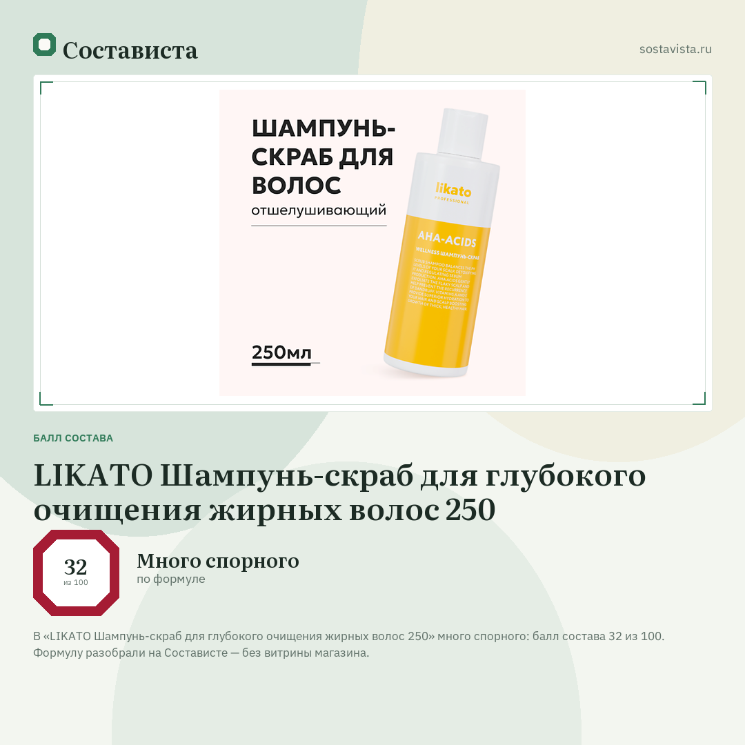 LIKATO Шампунь-скраб для глубокого очищения жирных волос 250: балл состава 32 из 100 — Состависта