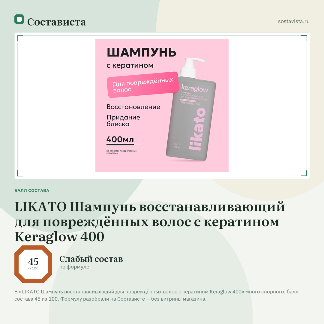 LIKATO Шампунь восстанавливающий для повреждённых волос с кератином Keraglow 400: балл состава 45 из 100 — Состависта