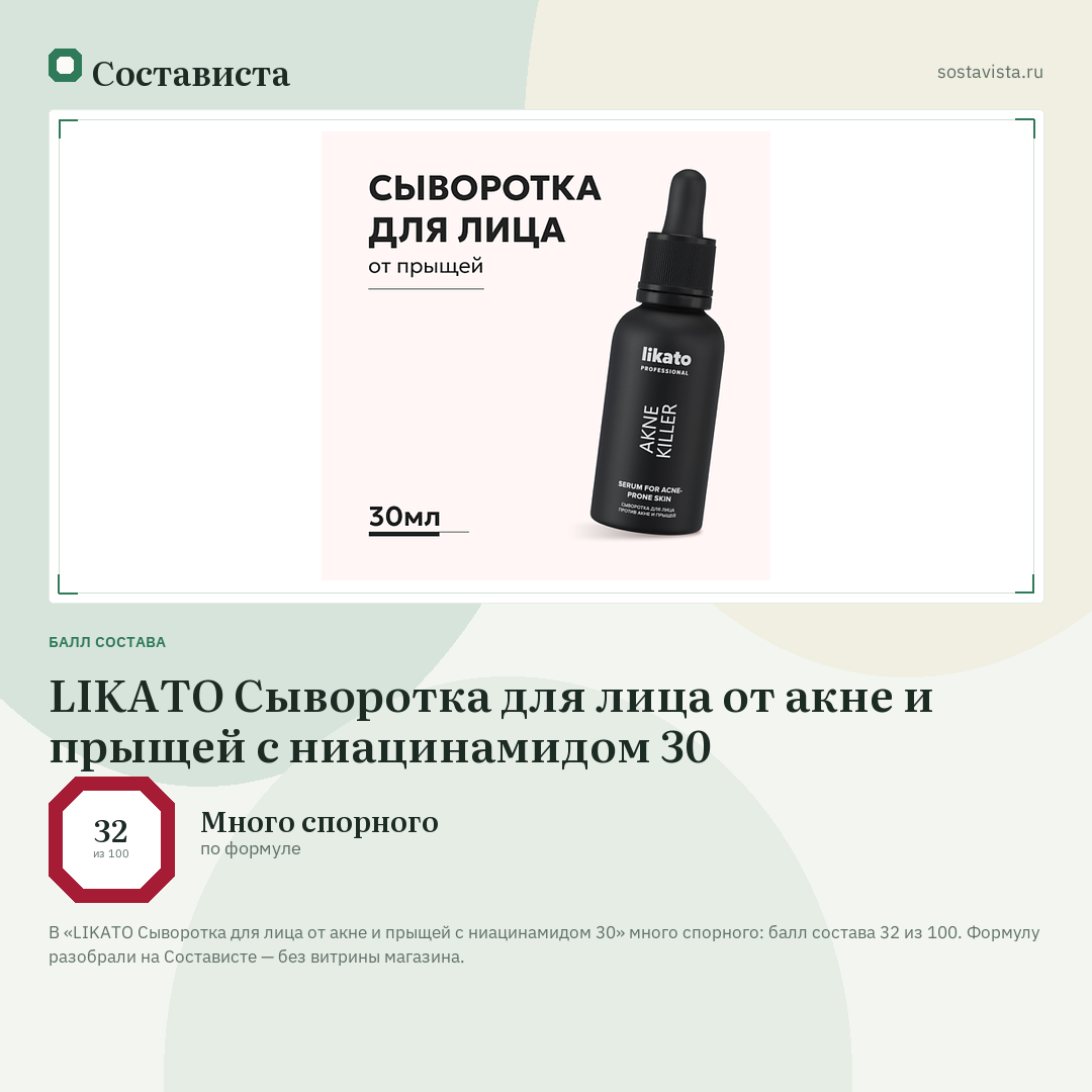 LIKATO Сыворотка для лица от акне и прыщей с ниацинамидом 30: балл состава 32 из 100 — Состависта
