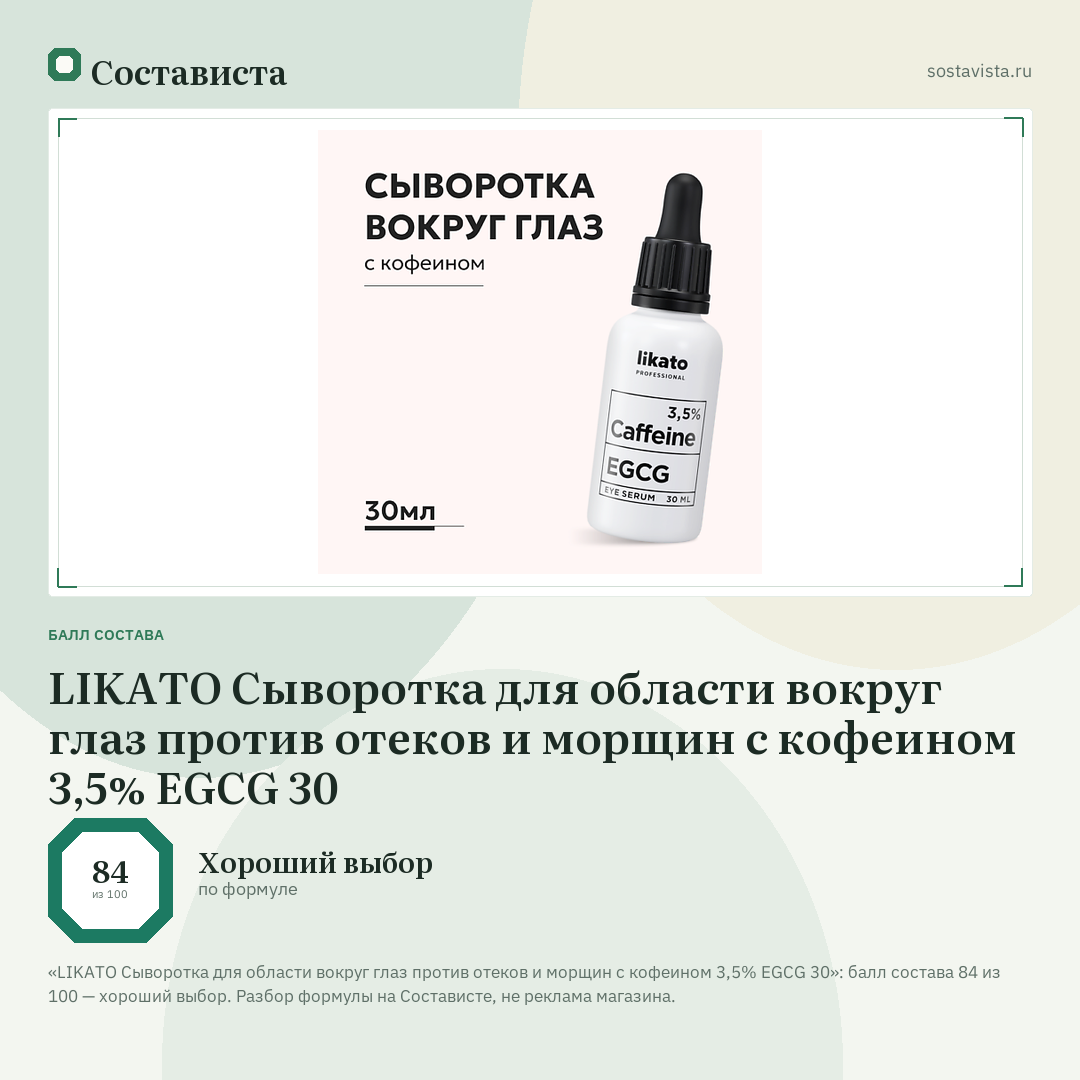 LIKATO Сыворотка для области вокруг глаз против отеков и морщин с кофеином 3,5% EGCG 30: балл состава 84 из 100 — Состависта