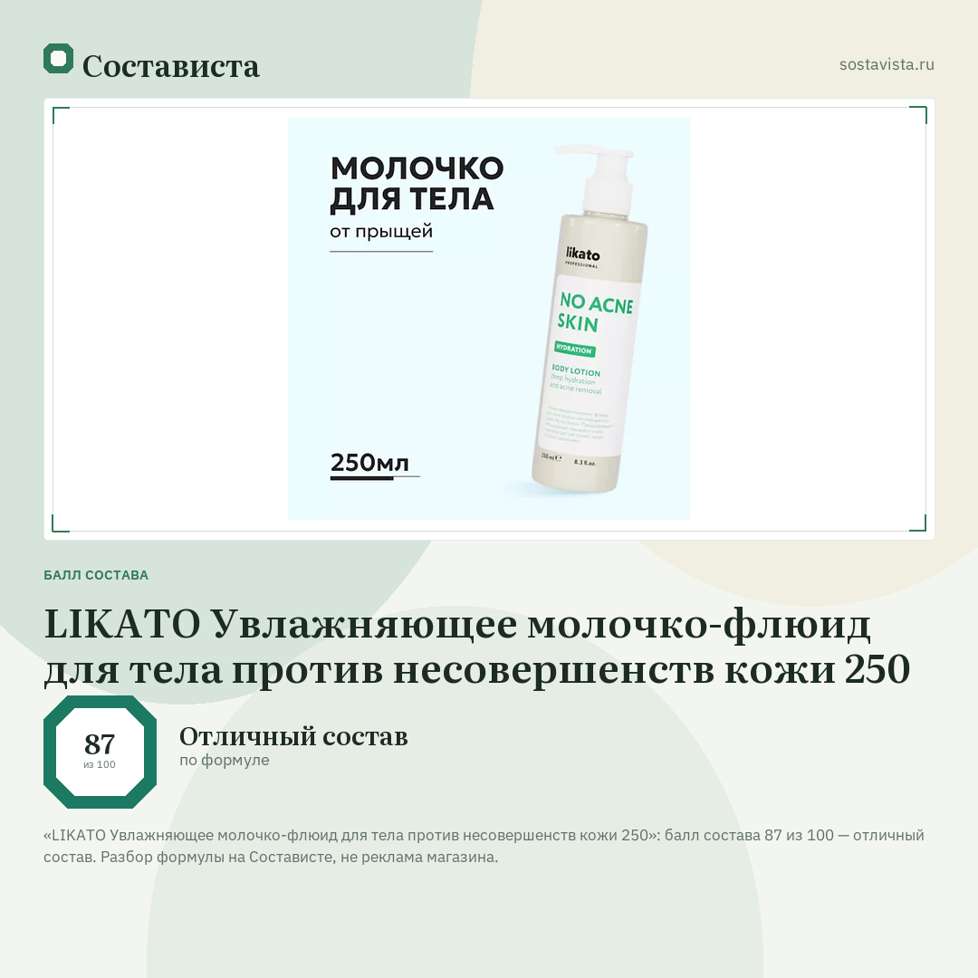 LIKATO Увлажняющее молочко-флюид для тела против несовершенств кожи 250: балл состава 87 из 100 — Состависта