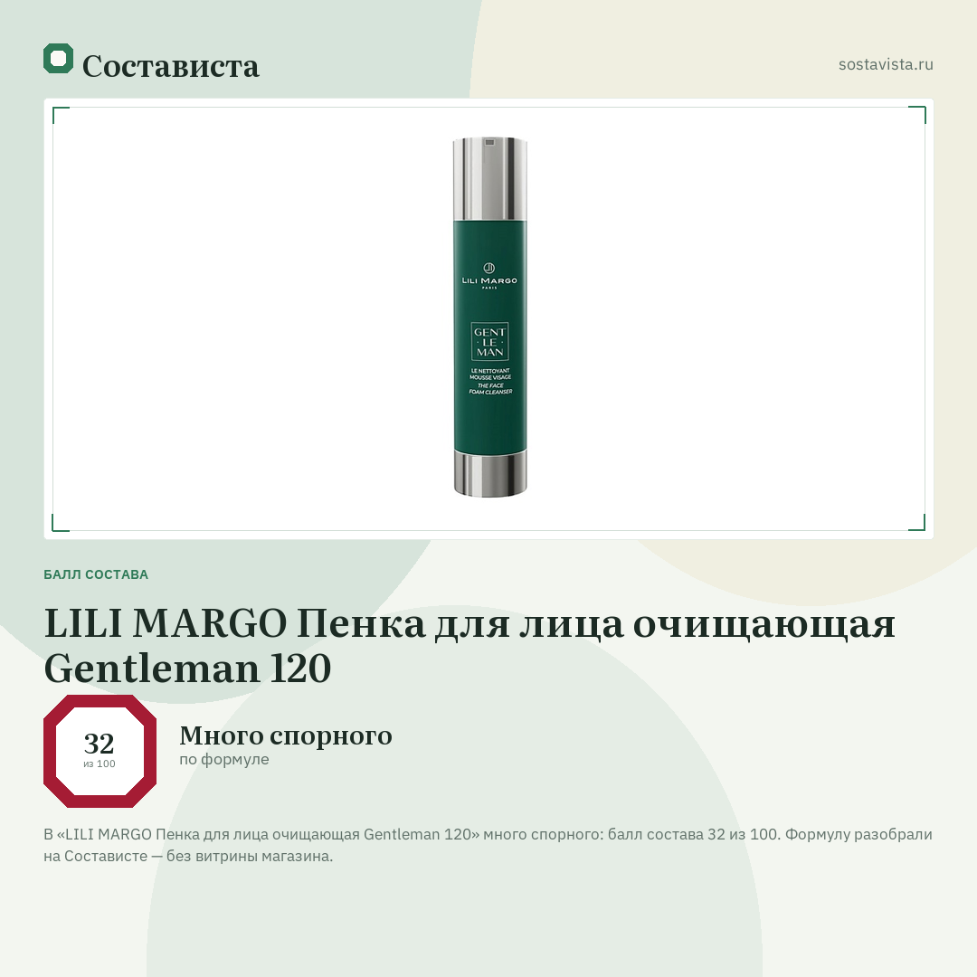 LILI MARGO Пенка для лица очищающая Gentleman 120: балл состава 32 из 100 — Состависта